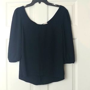 L8TER Size S Black Silky Ruffled Bow Blouse